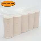 Five rolls of beige elastic bandage in clear packaging on a white background with an orange oval label.