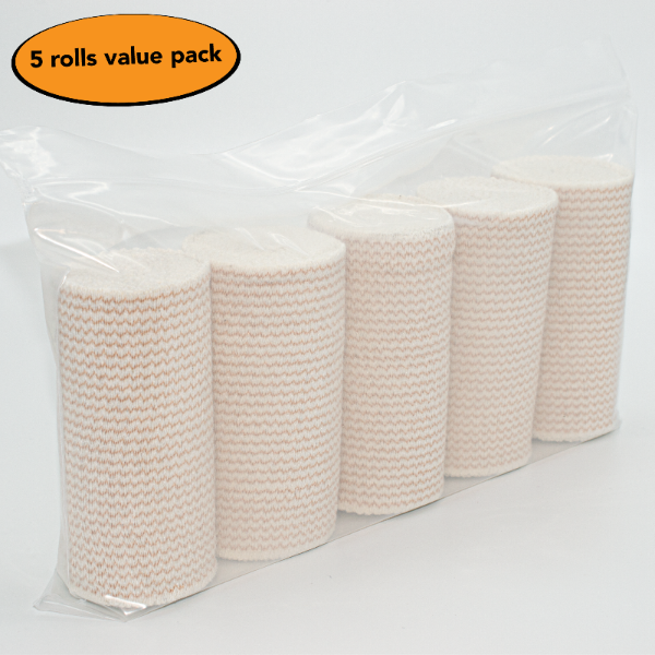 Five rolls of beige elastic bandage in clear packaging on a white background with an orange oval label.